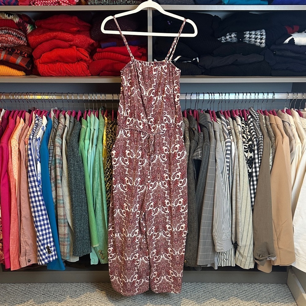 Maurices pink print adjustable straps elastic tie waistband jumpsuit size S NWT